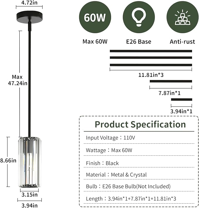 Modern 3-Pack Black Pendant Lights for Kitchen Island, 1-Light Mini Crystal Chandeliers Set with E26 Base, Small Hanging Luxury Fixture for Dining Room, Bedroom, Foyer and Hallway