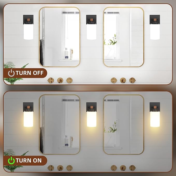 Wall Sconces Set of 2, 1 Light Farmhouse Rustic Vanity Light for Bathroom, Wood Grain Rustic Wall Lights Fixtures with White Shade for Mirror, Bedroom, Living Room, E26, Hardwired(Bulbs Not Included)