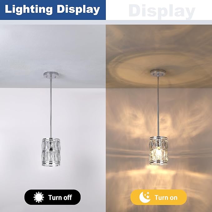 2-Pack Crystal Pendant Light, Modern Chrome Finish Hanging Lighting with Clear Crystal Chandelier, Adjustable Height Mini Island Light Fixture for Kitchen, Dining Room and Living Room