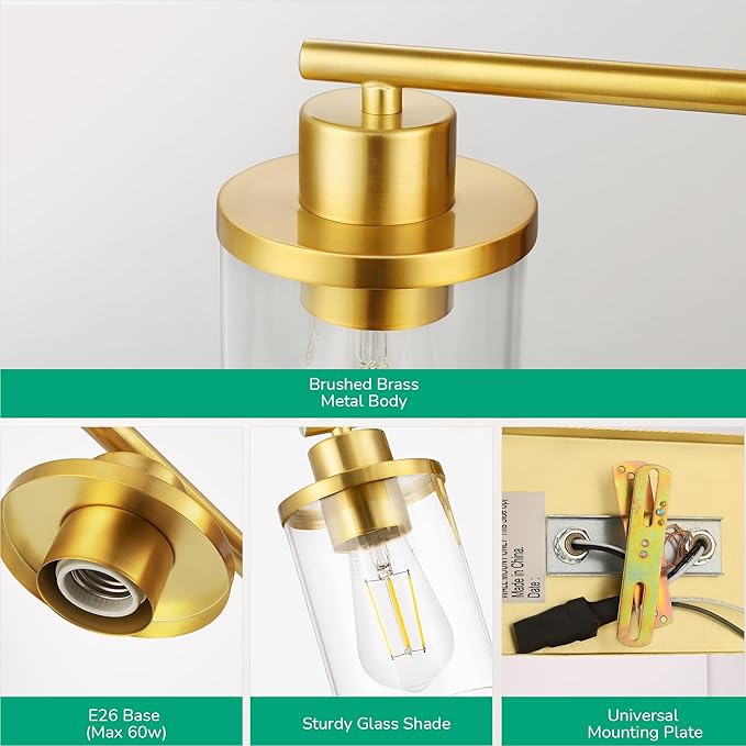 EDISHINE Bathroom Light Fixtures, 2-Light Gold Bathroom Vanity Light, Modern Wall Sconces with Clear Glass Shades for Powder Room, Vanity Table, Mirror, Kitchen (E26 Base)