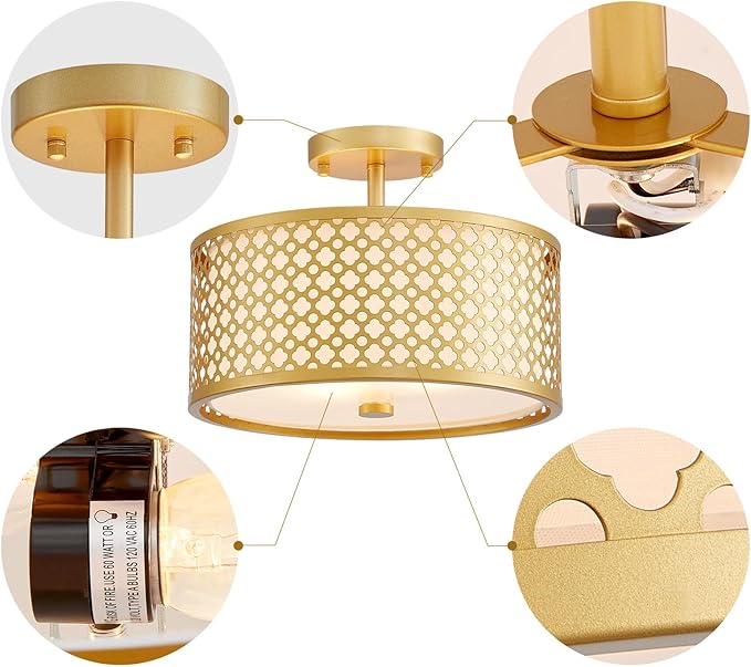 Farmhouse Drum Ceiling Light, 2-Light Mid-Century Modern Semi-Flushmount Light Fixture for Bedroom, Entryway, Kitchen, D13xH9inch, Gold Finish Patterned Lampshade & White Fabric Inner Shade