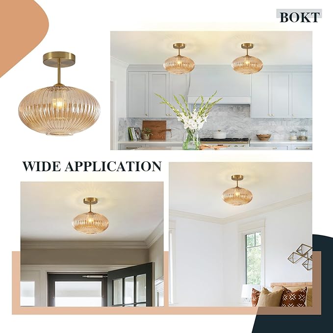 BOKT Vintage Brushed Brass Semi Flush Mount Ceiling Light Amber Ribbed Glass Pendant Light Mid Century Modern Gold Close to Ceiling Light Fixture for Indoor Use 9.8"