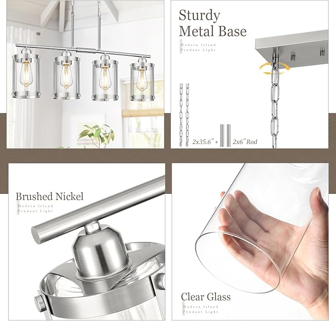 4-Light Kitchen Island Lighting, Brushed Nickel Linear Dining Room Light Fixtures with Clear Glass, Modern Industrial Chandelier Pendant Light for Kitchen Island Dining Room, OS-3014-4ISBN