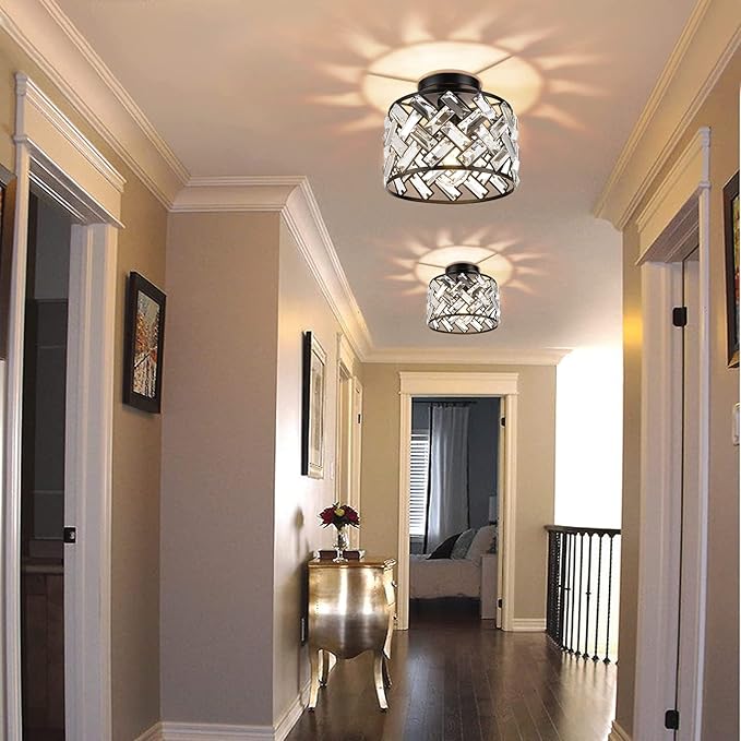 FRIDEKO HOME Crystal Light Fixture Ceiling Mount - Black Hallway Light Fixtures Crystal Semi Flush Mount Ceiling Lights for Kitchen Bedroom Bathroom Entryway（8.86 Inch, Bulb not Included）
