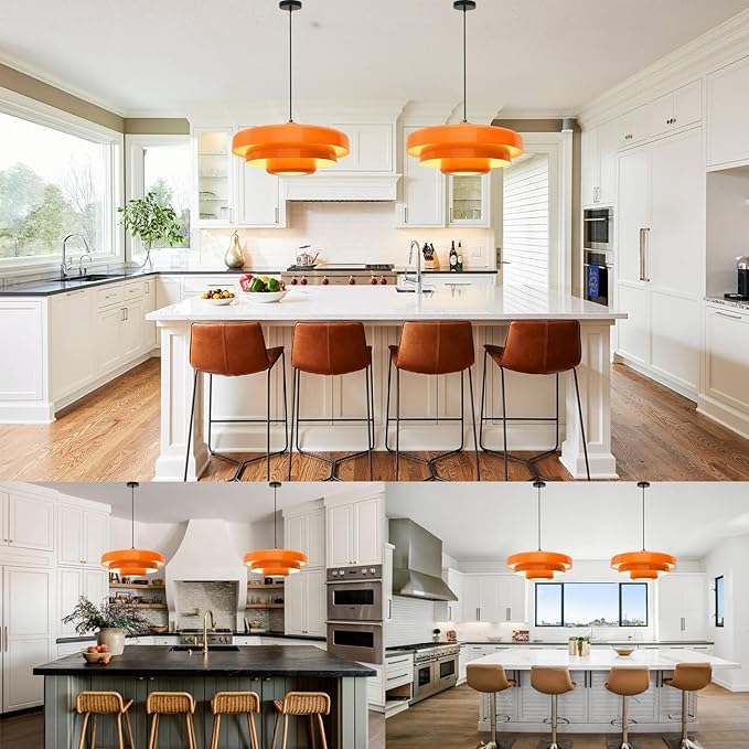 19.7" Large Mid Century Chandelier, 3-Tier Orange Metal Shade Pendant Light, Industrial Adjustable Ceiling Hanging Fixture for Dining Room, Hallway, Bedroom