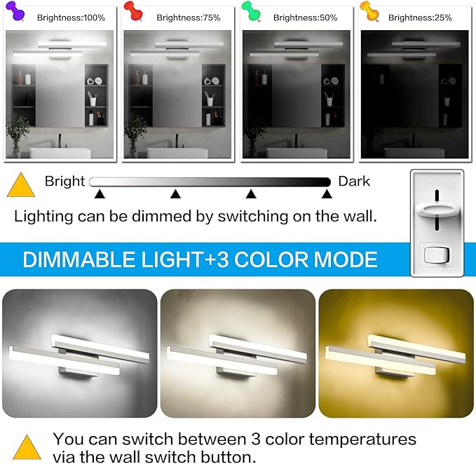 PRESDE 24 Inch LED Vanity Light Brushed Nickel Bathroom Light Fixtures Over Mirror Modern Bath Wall Lighting Bar 3CCT