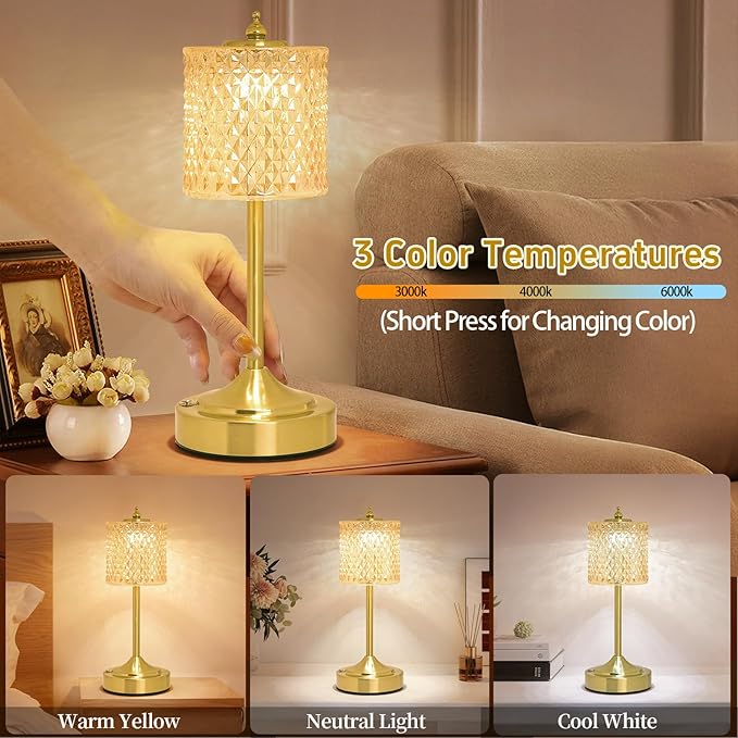 Cordless Crystal Table Lamp, 5200mAh Rechargeable Battery, 3 Color Dimmable Touch Control, Portable Vintage Gold Desk Lamp for Bedroom, Nightstand, Living Room, Home Decor (Amber)