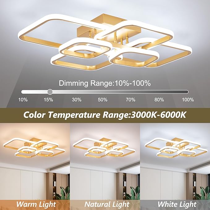 31.5" Modern LED Ceiling Light 6-Square Dimmable Ceiling Light Fixtures with Remote 3000K-6000K Gold Close to Ceilings Lamp 60W for Living Room, Bedroom