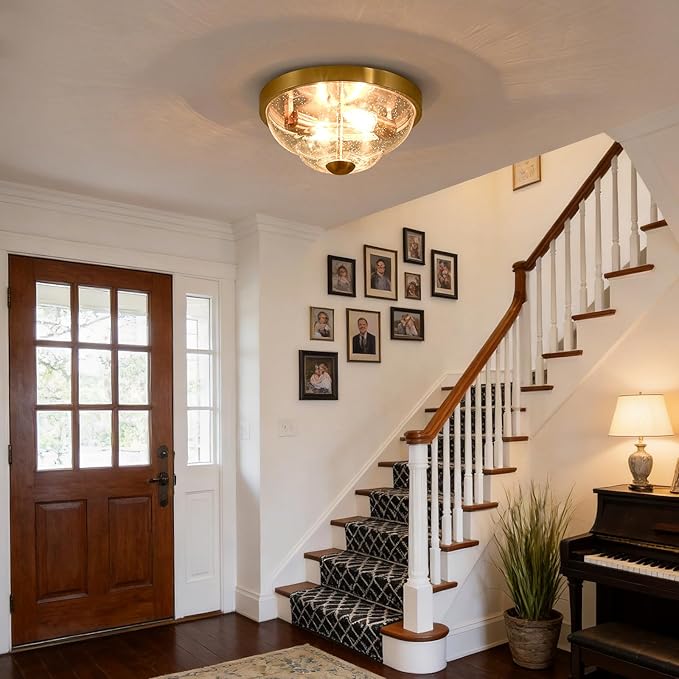 Flush Mount Ceiling Light Fixtures, 2-Light Ceiling Mount for Farmhouse with Seeded Glass Lampshade, Industrial Flush Mount Light Fixture Farmhouse for Hallway, Kitchen, Entryway,Bedroom