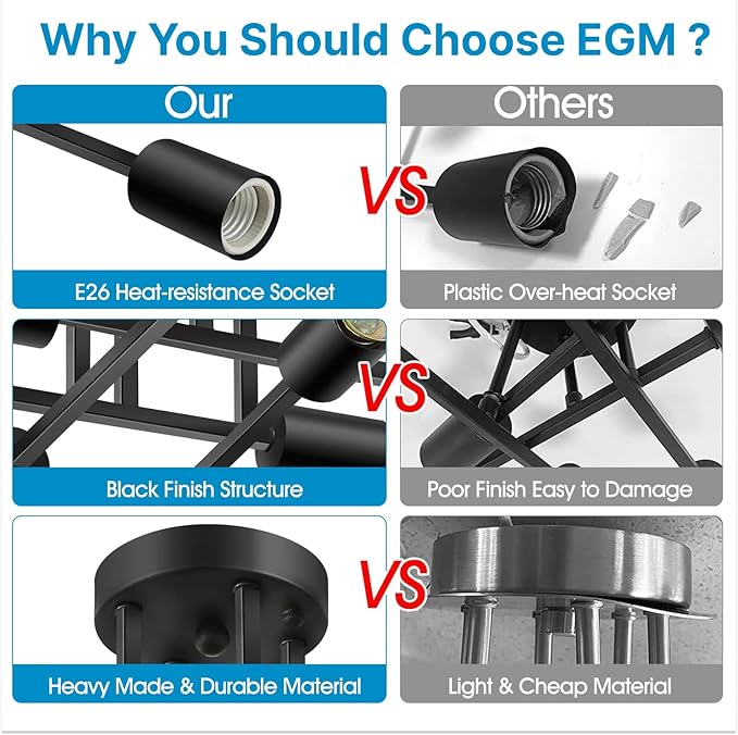 EGM Kitchen Ceiling Light Fixtures Matte Black, 4-Light Modern Sputnik Chandelier with E26 Bulb Base, Close to Ceiling Light for Dining Room Farmhouse Kitchen Bedroom (2 Pack)