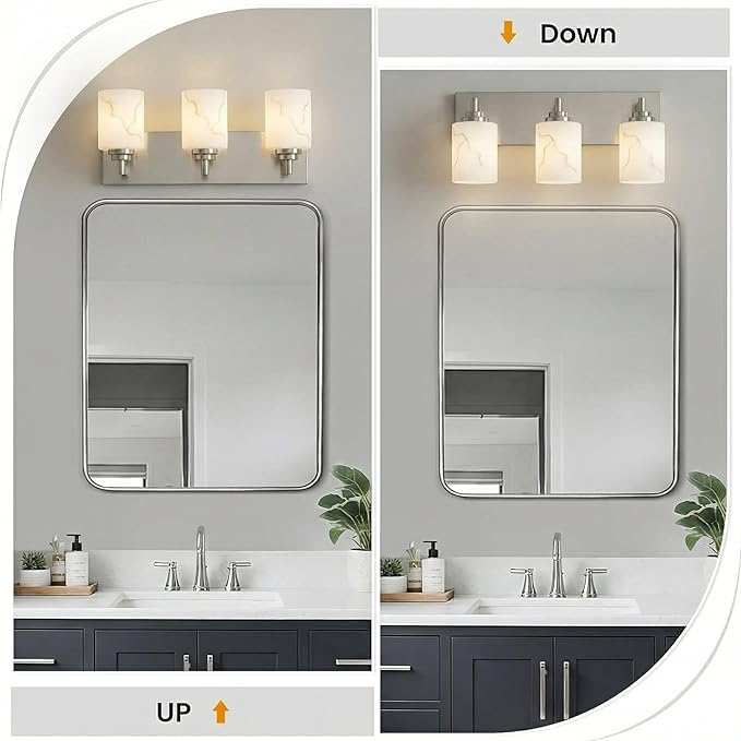 3-Light Bathroom Light Fixture, Brushed Nickel Modern Vanity Light with White Marble Glass Shade, for Bathroom Mirror, Living Room, Bedroom, Hallway, E26 Base, Extended Base
