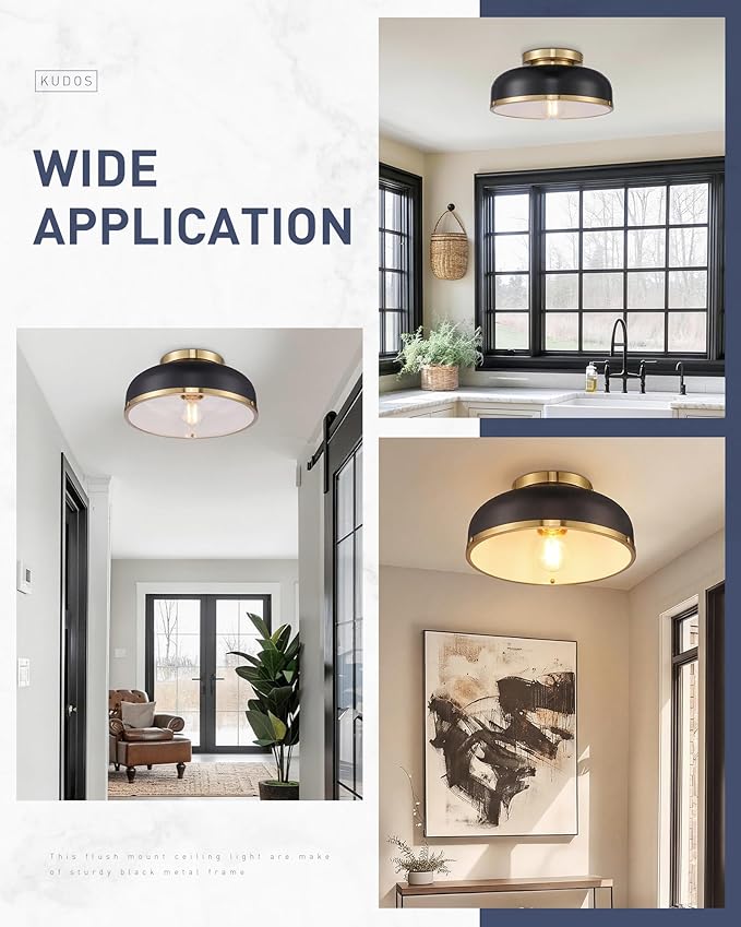 kudos 12 Inch Semi Flush Mount Ceiling Light, 1-Light Drum Ceiling Light, Black Ceiling Light Flush Mount, Bedroom Ceiling Light for E26 Base Hallway Kitchen, KDCL15-BKE