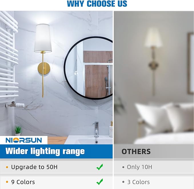 NIORSUN Gold Battery Operated Wall Sconce Set of 2,Rechargeable Wall Lights with 5200mAh Dimmable Detachable Bulbs and Remote,9 Colors Wireless Sconces for Bedroom Living Room Hallway