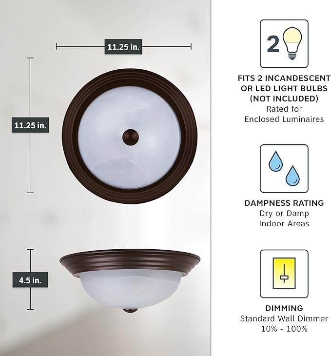 DESIGNERS FOUNTAIN Reedley 2-Lights Flush Mount Ceiling Light, 11 Inch Lighting Fixture for Kitchen, Bedroom, Bathroom, and Hallway, White Alabaster Glass, Oil Rubbed Bronze, 1257S-ORB-AL