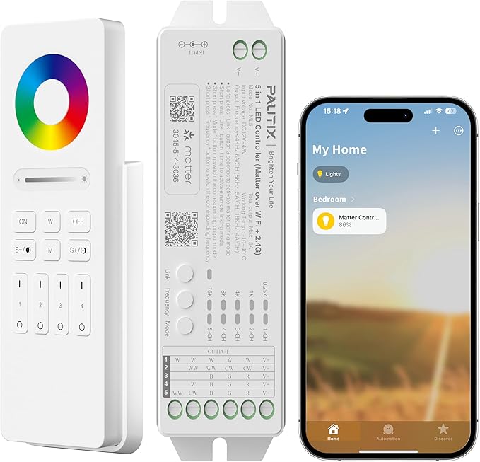 PAUTIX Matter WiFi LED Controller Kit ML5 Compatible with Tuya APP/Homekit/Smart Life/Alexa/Google Home/Siri, DC12-48V Dimmable with RF Remote for Single Color/CCT/RGB/RGBW/RGBCCT LED Strip Lights