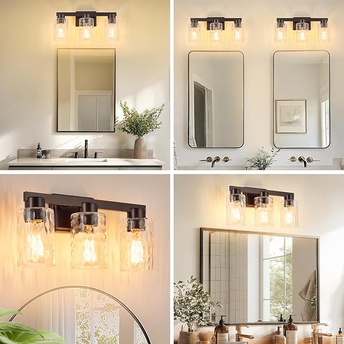 3-Light Bathroom Light Fixtures Modern Oil Rubbed Bronze Vanity Lights with Water Ripple Glass Wall Sconces Over Mirror for Bathroom, Powder Room, Living Room