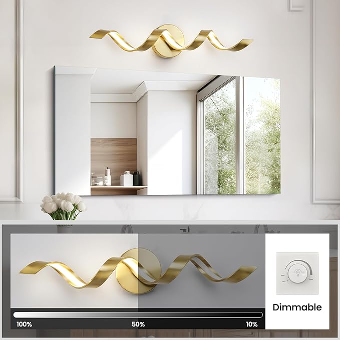 LED Modern Bathroom Vanity Light Fixtures, 24 inch Gold Wall Lamp Bedroom 4000K, Spiral Design Wall Sconce for Mirror, Living Room, Bedroom, Hallway 15W