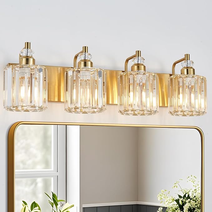4-Light Brushed Brass Bathroom Light Fixtures Modern Vanity Lights Over Mirror Gold Bathroom Vanity Lighting with Crystal Shade E26 Base Wall Sconce for Bedroom Living Room Restroom Wall Lamp