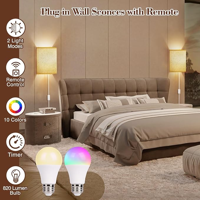 Plug in Wall Sconces Set of Two: Wall Lights with 7 RGB Colors - 3 Color Temperature Wall Mount Lamps with Remote - Fabric Linen Wall Sconc for Bedroom Living Room & Hallway- Indoor Corded Wall Sconce