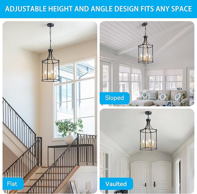 XINGQI Lantern Pendant Light Modern Geometric Hanging Chandelier Black and Gold 4 Lights Adjustable Height Cage Pendant Lighting Fixture for Kitchen Entryway Hallway Foyer