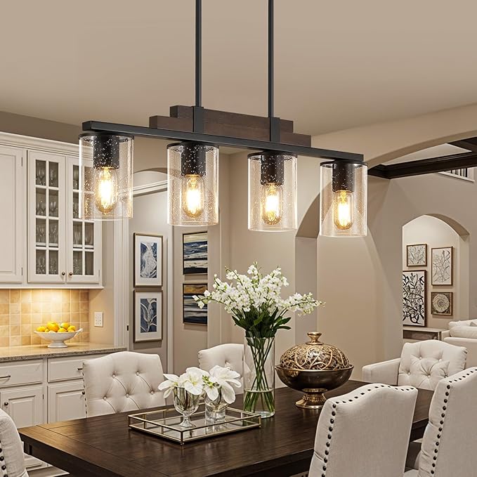 Farmhouse Wood Kitchen Island Lighting, 4-Light Adjustable Chandelier for Dining Room, Seeded Glass Shade Dining Room Light Fixture Over Table, Black Hanging Pendant Lights for Kitchen, Pool Table