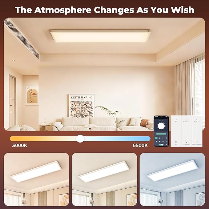 AIKVSXER 12 Pack 1x4 FT LED Flat Panel Light Surface Mount, with Wireless Switch & App Control, Night Mode, 50W 5500LM, 3000K/4000K/6500K, Ultra-Thin LED Light for Office Home,120-277V - White
