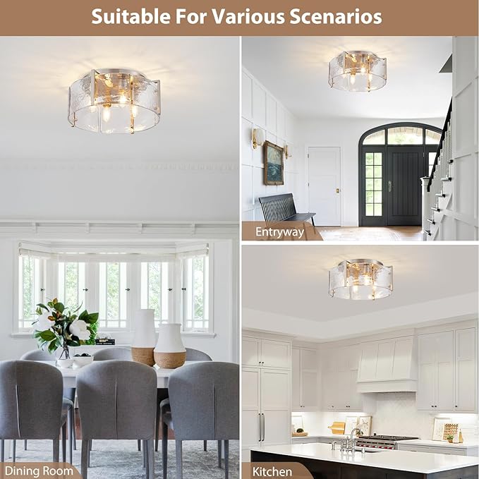 17.3“ Semi Flush Mount Ceiling Light Fixture Brushed Nickel 4-Light Modern Water Ripple Chandelier Glass Light Fixture for Entryway Hallway Kitchen Island Dining Room Foyer Bedroom Hallway