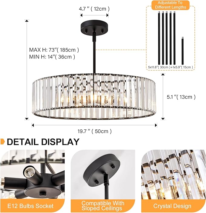 Black Crystal Ceiling Light Fixture, Modern Semi Flush Chandelier, Round Hanging Lighting Chandeliers for Dining Room, Kitchen, Bedroom, 6-Light, 19.68 Inch