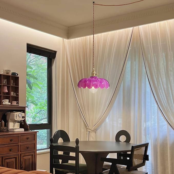 XZHGCEE Plug in Pendant Light: Hanging Light Plug in Royal Purple Glass Hanging Lamp, Pendant Lighting for Kitchen Island, Bedroom, Dining Room, Living Room, No Bulb