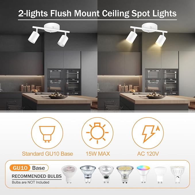 Track Lighting Fixture Ceiling White, Modern LED Track Lights Kit, 2 Lights Ceiling Lighting for Kitchen, Rotatable Spotlight Heads, Wall Mount Spot Lighting for Island/Bedroom(GU10 Socket, NO Bulb)