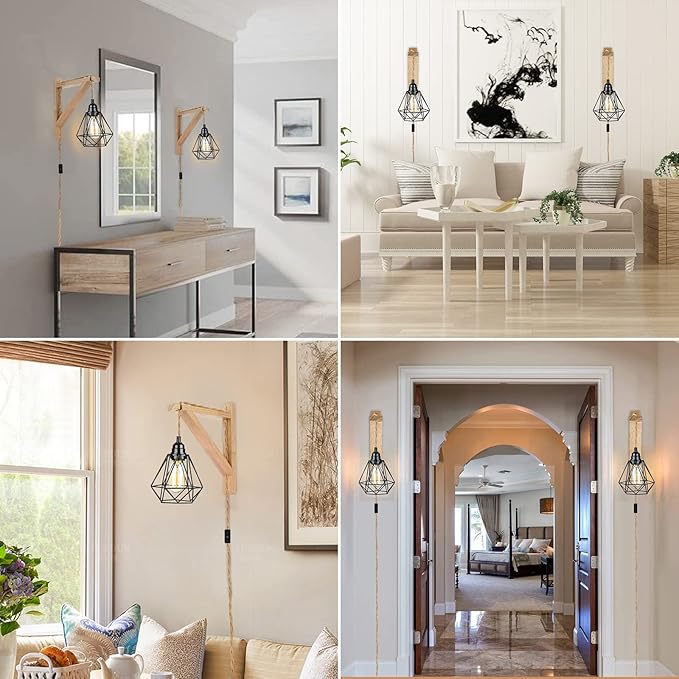 Frideko Wood Plug in Wall Sconces Set of Two, Hanging Lamps that Plug into Wall Outlet, Farmhouse Wall Light Fixtures with 8.21FT On/Off Switch Cord, Indoor Rustic Wall Lamp for Bedroom Living Room