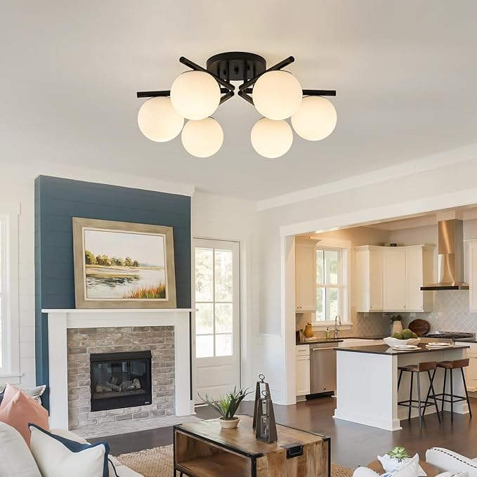 6-Light Sputnik Ceiling Light Fixture, Semi Flush Mount Ceiling Light with Milk Glass Globes, Black Mid Century Modern Chandelier for Living Room Bedroom Dining Room Hallway