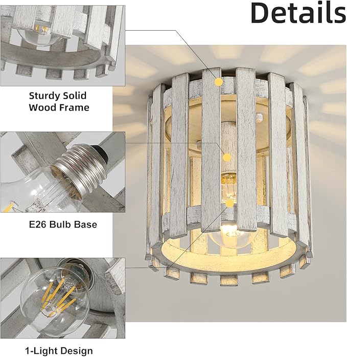 Rustic Flush Mount Ceiling Light, Farmhouse Wood Cage Semi Flush Mount Light for Entryway, Kitchen, Dining Room, White