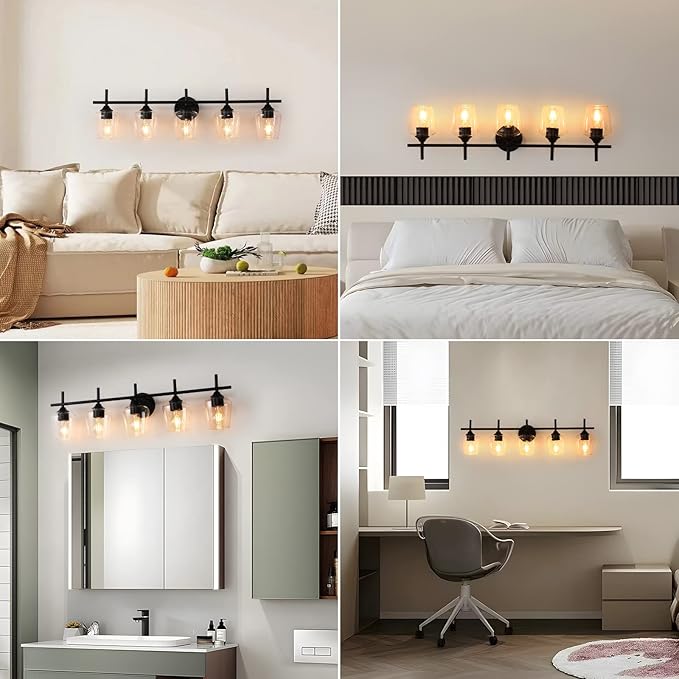 Bathroom Light Fixtures 5-Light Brushed Nickel Vanity Light with Clear Glass Shade, Modern Wall Lights for Bedroom Hallway Living Room (Black, 5-Light)