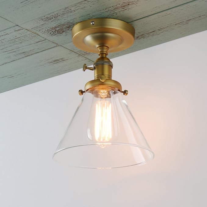 PERMO Modern Small Semi Flush Mount Ceiling Pendant Light Glass Ceiling Lights Hallway Fixtures with Funnel Glass Lampshade, 1-Light (Antique)