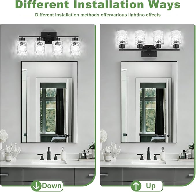 Black Bathroom Light Fixtures, 4-Light Modern Bathroom Vanity Wall Light, Vanity Lights for Mirror, Wall Sconces with Clear Textured Glass (E26 Socket, Bulbs Not Included)