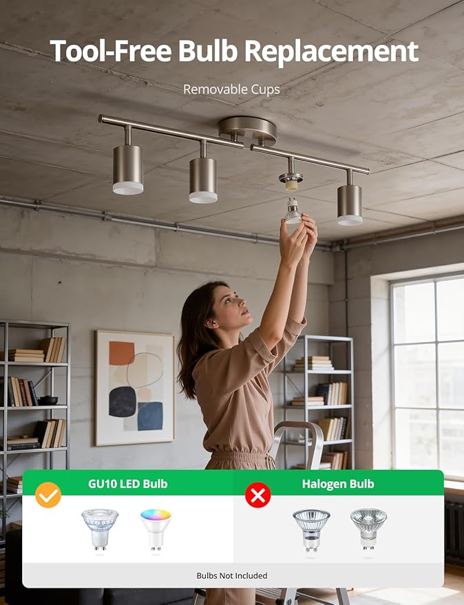 Bojim Track Lighting Fixtures Ceiling Mount for Kitchen, Nickel 4 Way LED Spot Lights Indoor, Flexible Modern Track Light GU10 Socket for Dining Room, Bulbs Not Included