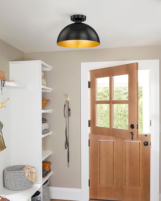 ELYONA Hammered Semi Flush Mount Light Fixture, 12 inch Farmhouse Ceiling Light Fixture with Modern Black and Gold Finish for Bedroom, Bathrooms, Hallway, Kitchen, Porch, Laundry, Foyer