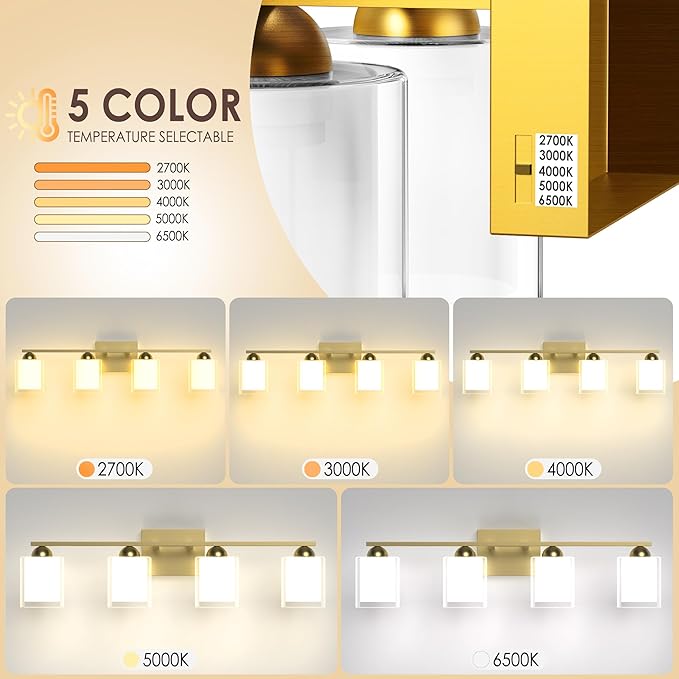 Quntis Gold Bathroom Light Fixtures, 4 Light Modern Vanity Lights Over Mirror, 5 Colors & Stepless Dimmable LED Bathroom Lighting with Milk White Frosted Glass, 27 Inch (Bulbs Included)