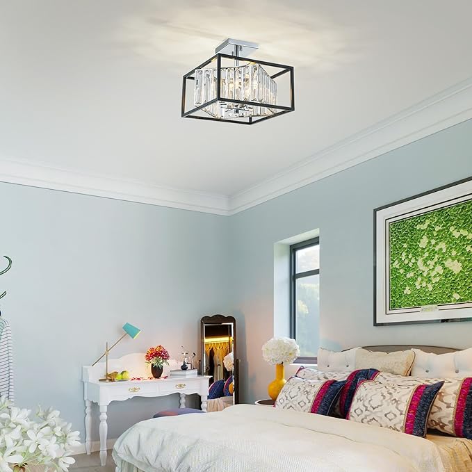 LumFurn 4-Light K9 Crystal Ceiling Light, 2-Tier Square Semi-Flushmount Light Fixture for Living Room, Foyer, Bedroom, L12 x W12 x H10inch, Clear Crystal & Black & Chrome Finish