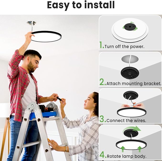 zemty LED Ceiling Light 9 Inch,24W 2400lm Bright Flush Mount Light Fixture 3000K/4500K/6000K Adjustable, Black Thin Flat Ceiling Lamp for Bathroom Closet Pantry Hallway - 6Pack