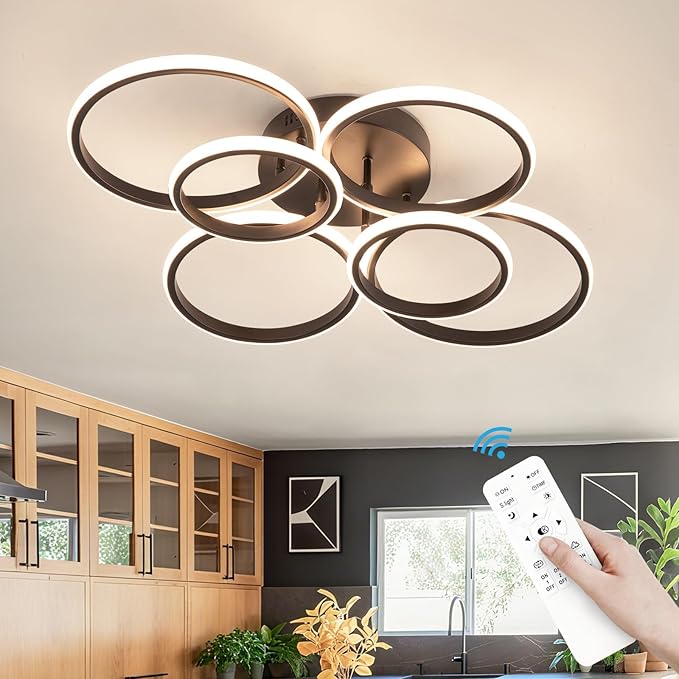 Modern Ceiling Lights, 6 Rings Dimmable Black LED Ceiling Light Fixtures with Remote Control, 60W Close to Ceilings Lighting for Living Room, Bedroom, Dining Room