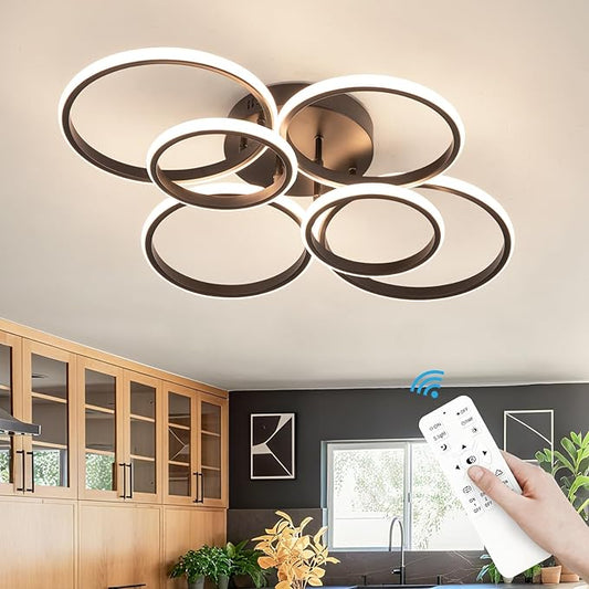 Modern Ceiling Lights, 6 Rings Dimmable Black LED Ceiling Light Fixtures with Remote Control, 60W Close to Ceilings Lighting for Living Room, Bedroom, Dining Room