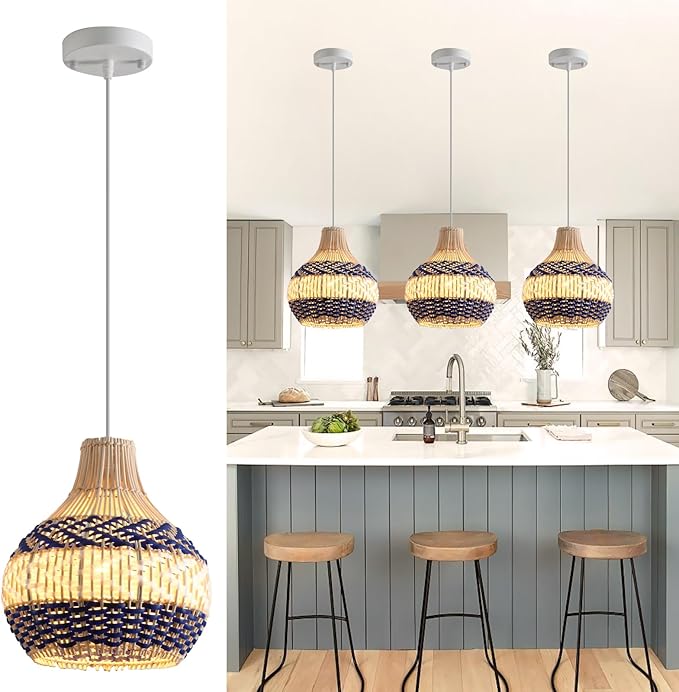 3-Pack Rattan Pendant Light,11In Blue White Hanging Light Hand-Woven Rattan Chandelier for Dining Living Bedroom Kitchen Farmhouse