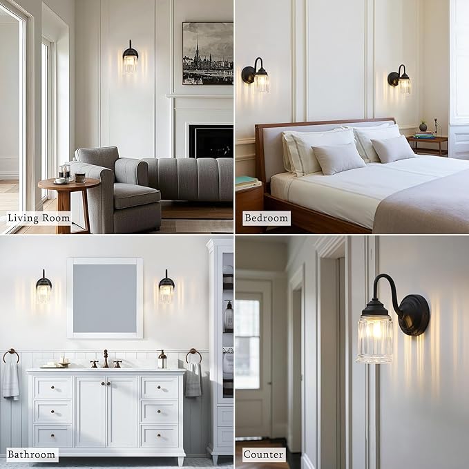 PERMO Vintage Single Sconce Black Wall Sconce with Clear Bell-Shaped Glass Shade Black Hardwired Sconces for Living Room Bedroom Doorway