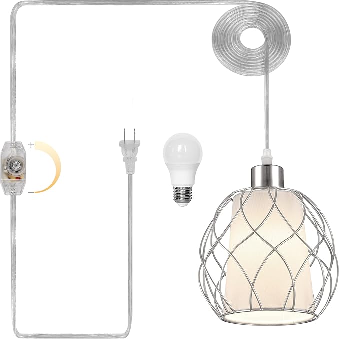 Cinkeda Hanging Lights with Plug in Cord,Hanging Lamps That Plug into Wall Outlet with Dimmable Switch and 15 ft Clear Cord, Swag Lamp for Bedroom Kitchen Island Living Room (Bulb Included)