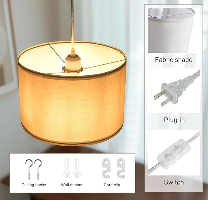 2 Pack Plug in Pendant Light, Hanging Light with 15Ft Clear Cord, On/Off Switch, French Grey Fabric Lamp Shade, Hanging Light Fixture for Bedroom, Kitchen, Living Room, Dining Table
