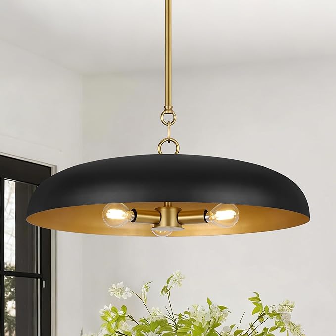 19.7 Inch Extra Large Pendant Light, 3-Light Black and Gold All Metal Pendant Lighting Fixture, Oversized Modern Dome Chandelier Ceiling Hanging for Kitchen Island Dining Room Living Entryway