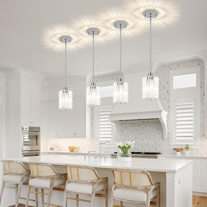 3 Pack Chrome Pendant Lights Kitchen Island, Modern Crystal Kitchen Pendant Lighting Over Island Adjustable Hanging Dining Room Light Fixtures Mini Pendant Light for Bathroom Hallway Bedroom Foyer
