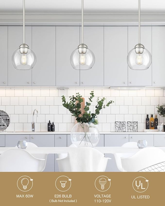 Emak 2 Pack Brushed Nickel Pendant Light Fixtures, 7 Inch Globe Pendant Lights with Clear Glass Shade, 1-Light Hanging Lights for Kitchen Island, Bathroom, Dining Room, PL119-BN-2PK